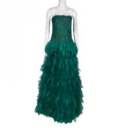 Tadashi Shoji Green Tulle Embroidered Faux Feather Strapless Gown M