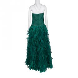 Tadashi Shoji Green Tulle Embroidered Faux Feather Strapless Gown M