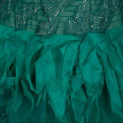 Tadashi Shoji Green Tulle Embroidered Faux Feather Strapless Gown M