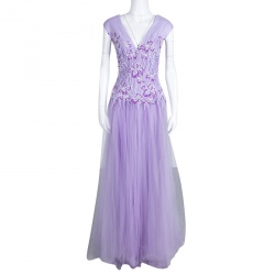 Tadashi Shoji Lilac Lace and Tulle Sleeveless Atataka Gown M