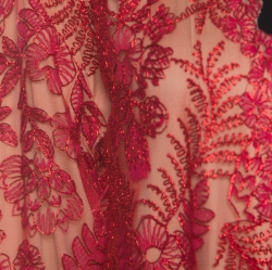 Tadashi Shoji Red Lurex Embroidered Lace Front Open Hazelle Long Jacket S