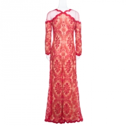 Tadashi Shoji Red Metallic Cord Embroidered Detail Tulle Evening Gown M