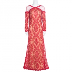 Tadashi Shoji Red Metallic Cord Embroidered Detail Tulle Evening Gown M