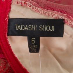 Tadashi Shoji Red Metallic Cord Embroidered Detail Tulle Evening Gown M
