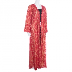 Tadashi Shoji Red Metallic Cord Embroidered Detail Tulle Long Coat S/M