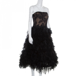 Tadashi Shoji Black Tulle Embroidered Faux Feather Strapless Dress L