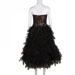 Tadashi Shoji Black Tulle Embroidered Faux Feather Strapless Dress L