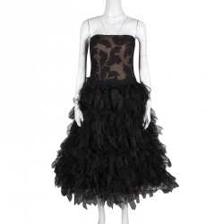 Tadashi Shoji Black Tulle Embroidered Faux Feather Strapless Dress L