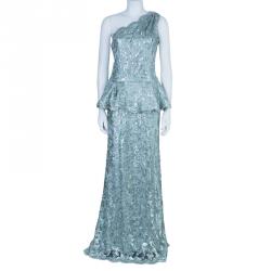 Pre Owned Tadashi Shoji Ice Sequin Embellished Peplum Gown M