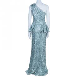Pre Owned Tadashi Shoji Ice Sequin Embellished Peplum Gown M