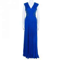 Pre Owned Tadashi Shoji Royal Blue Zardosi Embroidered Chiffon Ruched Dress S