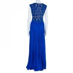 Pre Owned Tadashi Shoji Royal Blue Zardosi Embroidered Chiffon Ruched Dress S