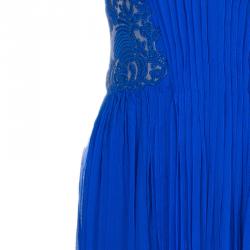 Pre Owned Tadashi Shoji Royal Blue Zardosi Embroidered Chiffon Ruched Dress S