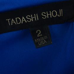 Pre Owned Tadashi Shoji Royal Blue Zardosi Embroidered Chiffon Ruched Dress S