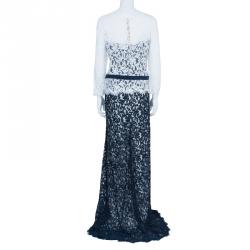 Pre Owned Tadashi Shoji Monochrome Lace Belted Dress XXL