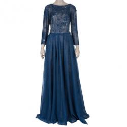 Pre Owned Tadashi Shoji Embellished Long Sleeve Lace Gown M