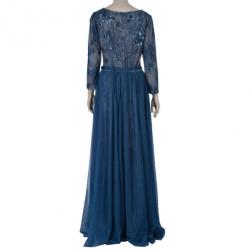 Pre Owned Tadashi Shoji Embellished Long Sleeve Lace Gown M