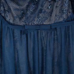 Pre Owned Tadashi Shoji Embellished Long Sleeve Lace Gown M