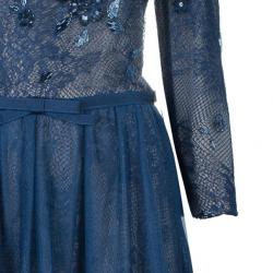 Pre Owned Tadashi Shoji Embellished Long Sleeve Lace Gown M