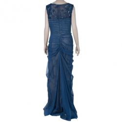 Tadashi Shoji Pleated Lace Navy Gown M