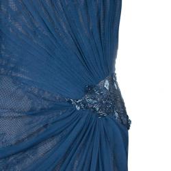 Tadashi Shoji Pleated Lace Navy Gown M