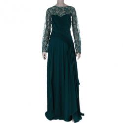 Pre Owned Tadashi Shoji Lace Pleated Gown L