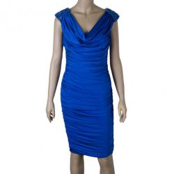 Pre Owned Tadashi Shoji Royal Blue Ruched Dress S