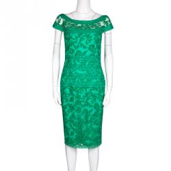 Pre Owned Tadashi Shoji Green Floral Embroidered Boat Neck Sheath Dress S