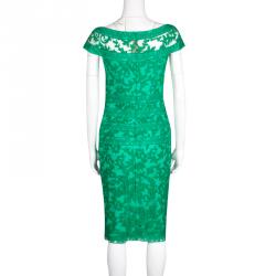 Pre Owned Tadashi Shoji Green Floral Embroidered Boat Neck Sheath Dress S