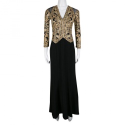 مملوكة مسبقًا Tadashi Shoji Black and Gold Cord Embroidered Long Sleeve Trompe L'oeil Gown XS