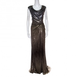 Tadashi Shoji Metallic Sequined Draped Gown M