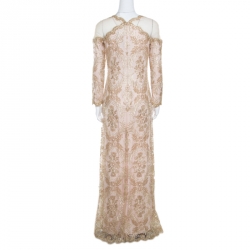 Pre Owned Tadashi Shoji Light Gold Metallic Cord Embroidered Detail Tulle Evening Gown S