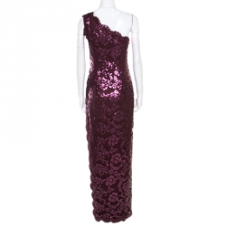 Tadashi Shoji Auburn Sequined Lace Scalloped Edge One Shoulder Gown S