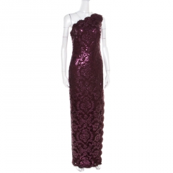 Tadashi Shoji Auburn Sequined Lace Scalloped Edge One Shoulder Gown S