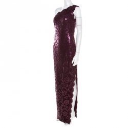 Tadashi Shoji Auburn Sequined Lace Scalloped Edge One Shoulder Gown S
