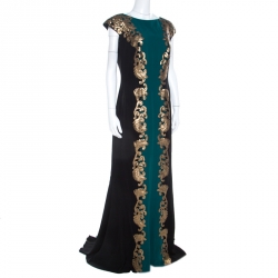 Tadashi Shoji Emerald Green and Black Sequin Paillette Applique Evening Gown L