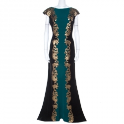 Tadashi Shoji Emerald Green and Black Sequin Paillette Applique Evening Gown L