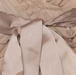 Pre Owned Tadashi Shoji Beige Chiffon and Tulle Floral Ruffle Applique Strapless Gown M 