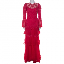 Tadashi Shoji Pink Chiffon and Lace Tiered Moreau Gown XL