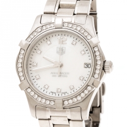 مملوكة مسبقًا Tag Heuer White Mother of Pearl Diamonds Aquaracer WAF1313 Women's Wristwatch 33 mm