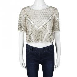 Pre Owned Temperley London Beige Embroidered Embellished Short Sleeve Tulle Top L