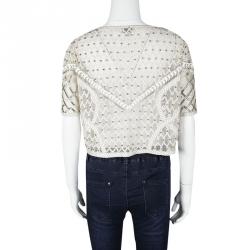 Pre Owned Temperley London Beige Embroidered Embellished Short Sleeve Tulle Top L