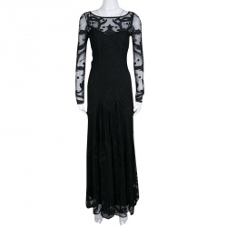 Temperley London Black Embroidered Tulle Long Sleeve Francine Gown M