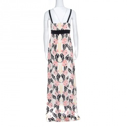 Temperley Beige Rose Printed Silk Contrast Trim Waterfall Gown M