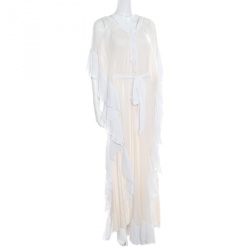 Temperley Cream Silk Pleated Border Detail Belted Keira Kaftan Maxi Dress L
