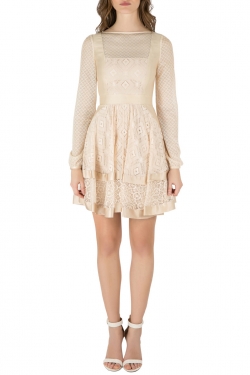 Temperley London Beige Geometric Lace and Mesh Paneled Long Sleeve Dress S