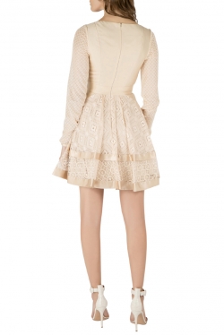 Temperley London Beige Geometric Lace and Mesh Paneled Long Sleeve Dress S