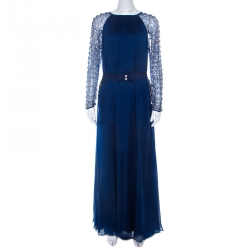 Temperley London Blue Embellished Silk Chiffon Belted Evening Gown L 