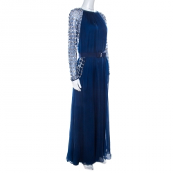 Temperley London Blue Embellished Silk Chiffon Belted Evening Gown L 