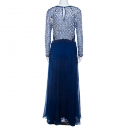 Temperley London Blue Embellished Silk Chiffon Belted Evening Gown L 